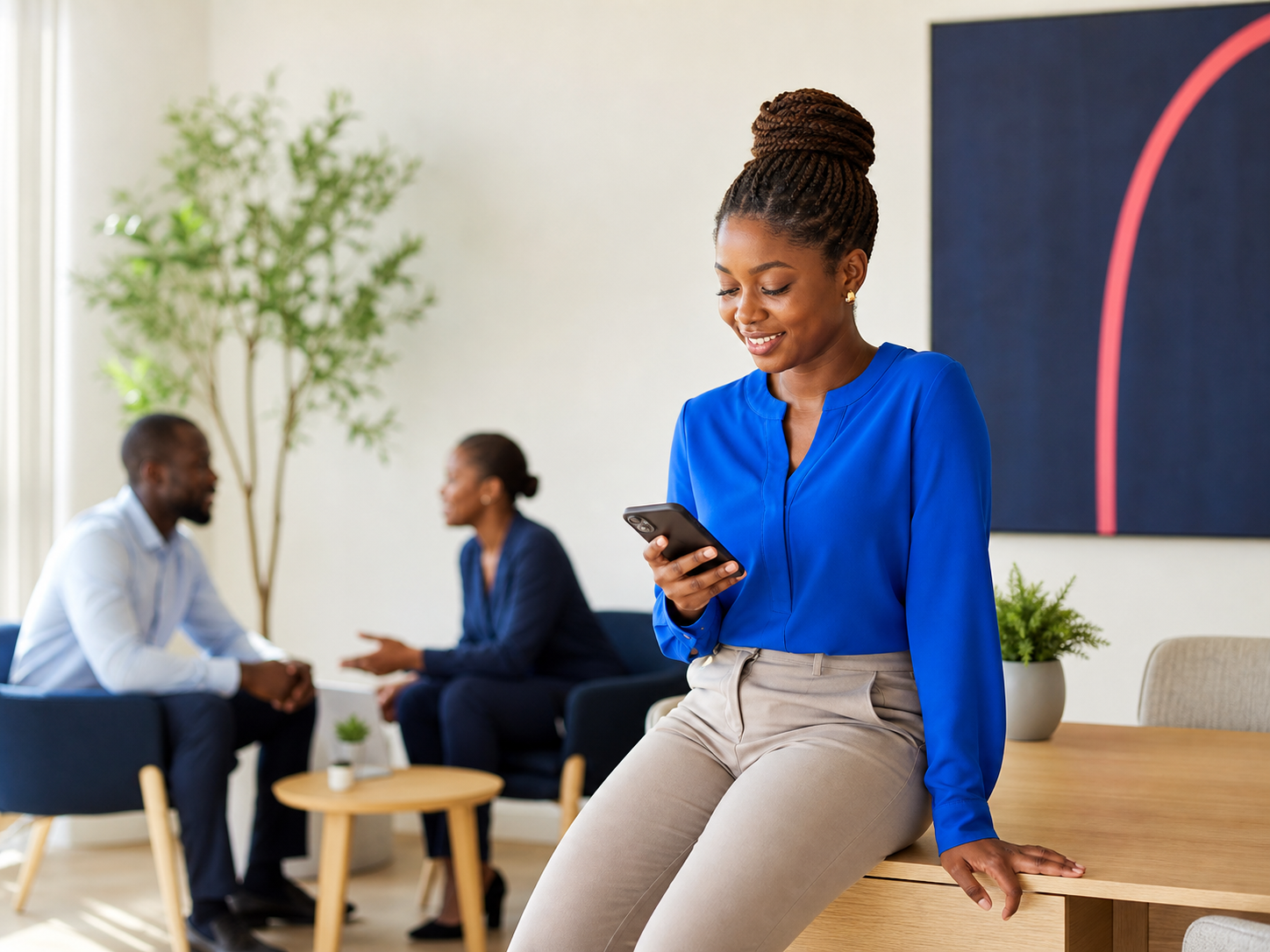 Citti member using digital savings services in a welcoming credit union lounge